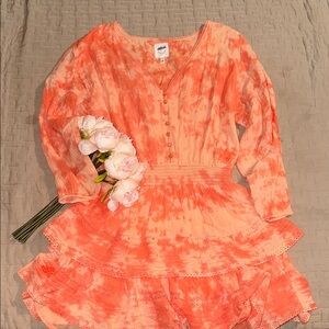 aerie Coral Tie-Dye Ruffle Tiered Dress